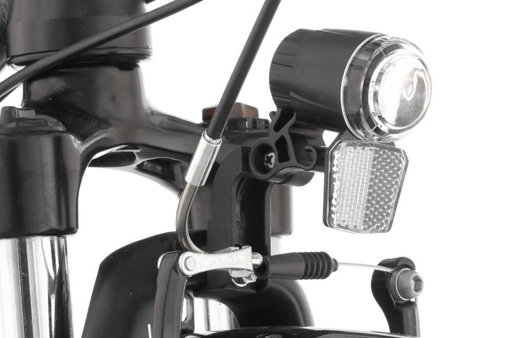 Rower trekkingowy INDIANA X-Road 1.0 D19 28 cali damski Czarno-fioletowy zbliżenie na przednią lampę bezpieczeństwo przednie i tylne oświetlenie bateryjne odpowiednia widoczność bezpieczeństwo na drodze wymagane przez prawo drogowe