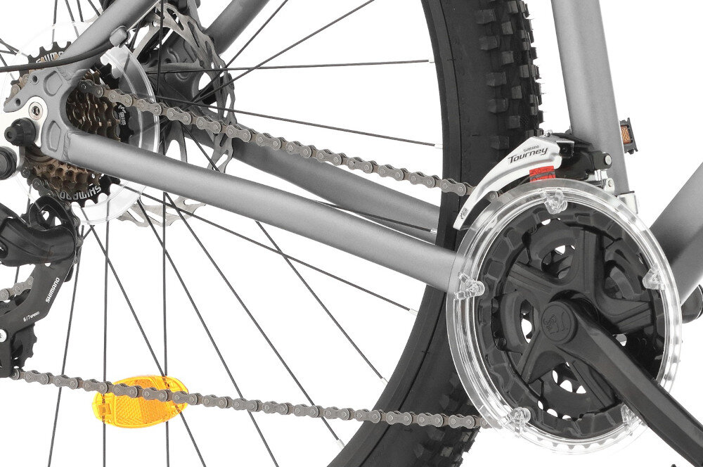 Rower górski MTB INDIANA X-Pulser 1.9 M19 29 cali męski Szaro-czarny zbliżenie na korbę wolnobieg i łańcuch lekka wydajna konstrukcja korby korba -Line typu XLR8 42T/34/24x170 X-Line ED wolnobieg SHIMANO typu MF-TZ5000-7S solidność wytrzyma bardzo duży nacisk na pedały