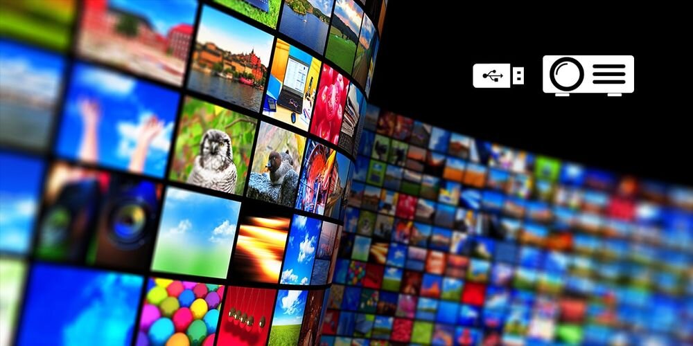 ACER AOpen QH15s HD projektor odtwarzanie multimediów pamięć USB-A zdjęcia filmy dokumenty, kafelki różnych ujęć filmów