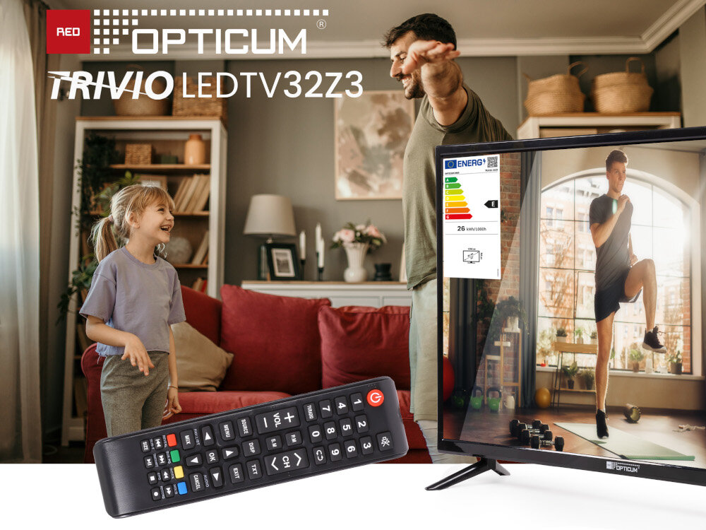 Telewizor OPTICUM Trivio 32Z3 - Pełnia wrażeń wizualnych, telewizor z pilotem, ojciec z córką stoją w salonie
