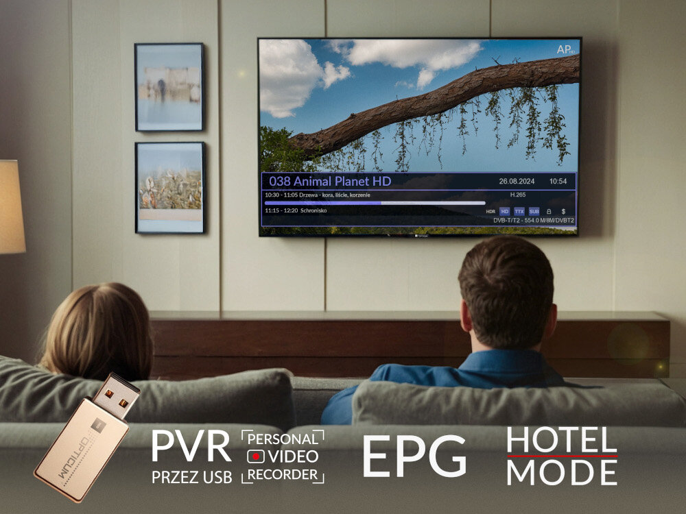 Telewizor OPTICUM Trivio 32Z3 - Wygodne funkcje, telewizor powieszony na ścianie w salonie, ludzie oglądają telewizję