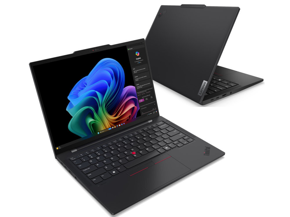 Dwa laptopy Lenovo ThinkPad T14s na białym tle – jeden otwarty z widocznym ekranem i klawiaturą, drugi zamknięty z matową czarną pokrywą i logo ThinkPad; kompozycja podkreśla biznesowy design i wszechstronność urządzenia. - Snapdragon X Elite NPU lokalne przetwarzanie AI 
