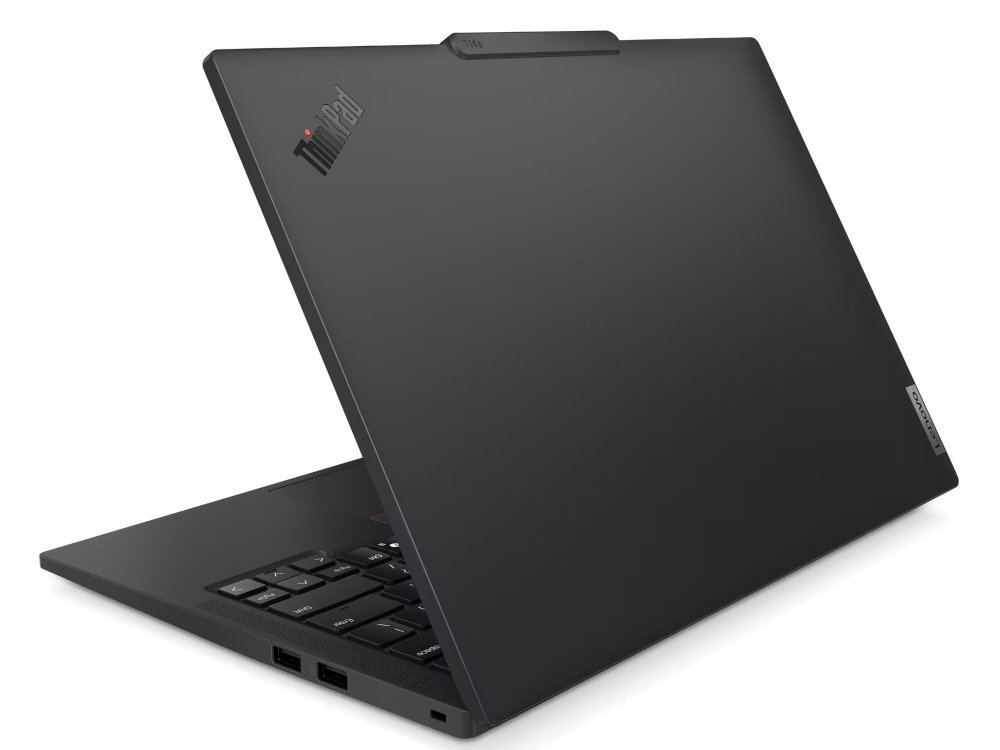 Widok od tyłu na częściowo otwartego laptopa Lenovo ThinkPad T14s, widoczna matowa, czarna pokrywa z logo ThinkPad, po prawej stronie porty USB, całość na białym tle. - Wi-Fi 6E (802.11ax) szybkie i stabilne połączenie Bluetooth 5.3 