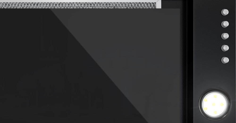 OKAP GLOBALO DESOLERO 60.3 Zbliżenie na front okapu Globalo ukazuje dużą, czarną, szklaną szybę zasłaniającą filtr oraz panel boczny z rzędem pięciu okrągłych przycisków i pojedynczym, jasnym punktem LED u dołu klawisze Push-button intuicyjne 3 poziomy wydajności pełna kontrola wygoda szybka obsługa oszczędność czasu komfort bezpieczeństwo