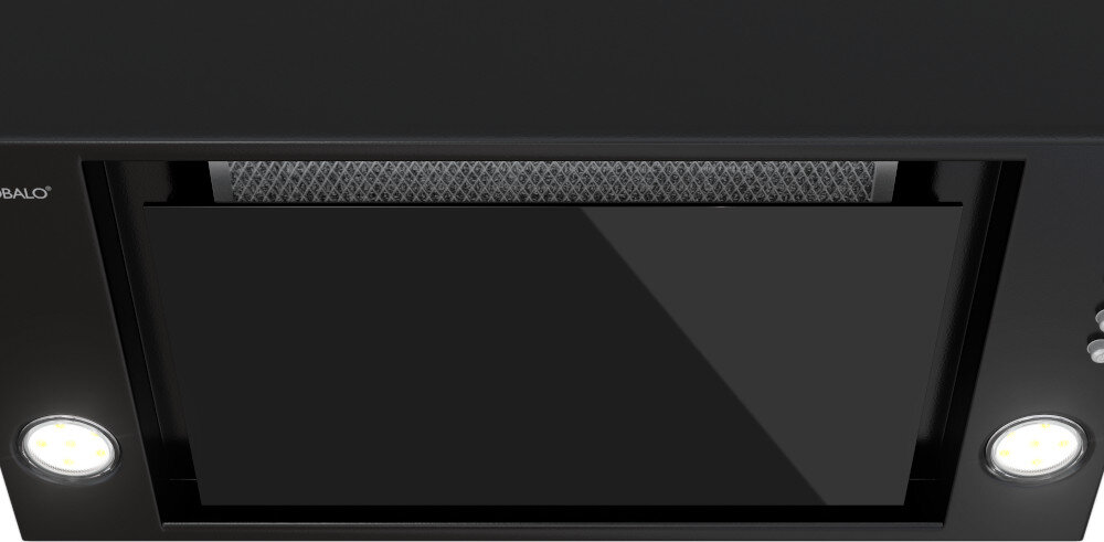 OKAP GLOBALO DESOLERO 60.3 Widok od spodu pokazuje czarny okap do zabudowy Globalo z centralnie umieszczoną szklaną szybą oraz dwoma okrągłymi punktami LED po obu stronach, a nad szybą widoczny jest metalowy filtr przeciwtłuszczowy cicha praca 48–66 dB komfort wygoda przygotowywanie posiłków brak hałasu przyjemność użytkowania kuchnia
