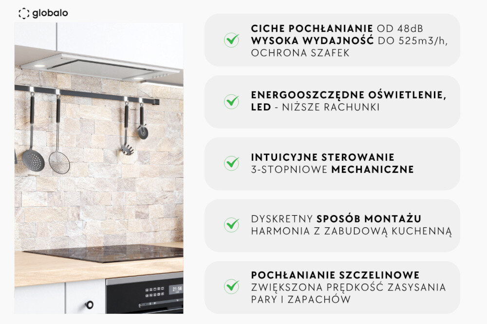 OKAP GLOBALO DESOLERO 60.3 Po lewej stronie widoczny jest fragment kuchni z okapem do zabudowy Globalo nad relingiem z akcesoriami, a po prawej lista zalet: ciche pochłanianie do 525 m³/h, oświetlenie LED, 3‑stopniowe sterowanie mechaniczne, dyskretny montaż i pochłanianie szczelinowe zwiększające skuteczność zasysania
