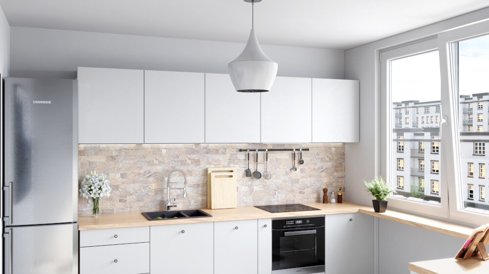 OKAP GLOBALO DESOLERO 60.3 Panorama jasnej kuchni z zabudową w jednym ciągu pokazuje lodówkę po lewej, rząd białych górnych szafek, płytę indukcyjną i piekarnik pośrodku oraz szerokie okno z parapetem‑blatem po prawej stronie elegancki funkcjonalny kompaktowa konstrukcja oszczędność miejsca biała stal hartowane szkło stylowy wygląd uniwersalny kuchnia estetyka wygoda niezawodność