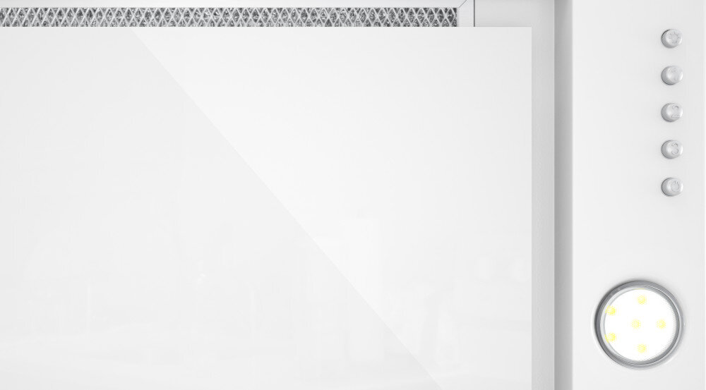 OKAP GLOBALO DESOLERO 60.3 Zbliżenie na front okapu Globalo ukazuje dużą, białą, szklaną szybę zasłaniającą filtr oraz panel boczny z rzędem pięciu okrągłych przycisków i pojedynczym, jasnym punktem LED u dołu klawisze Push-button intuicyjne 3 poziomy wydajności pełna kontrola wygoda szybka obsługa oszczędność czasu komfort bezpieczeństwo