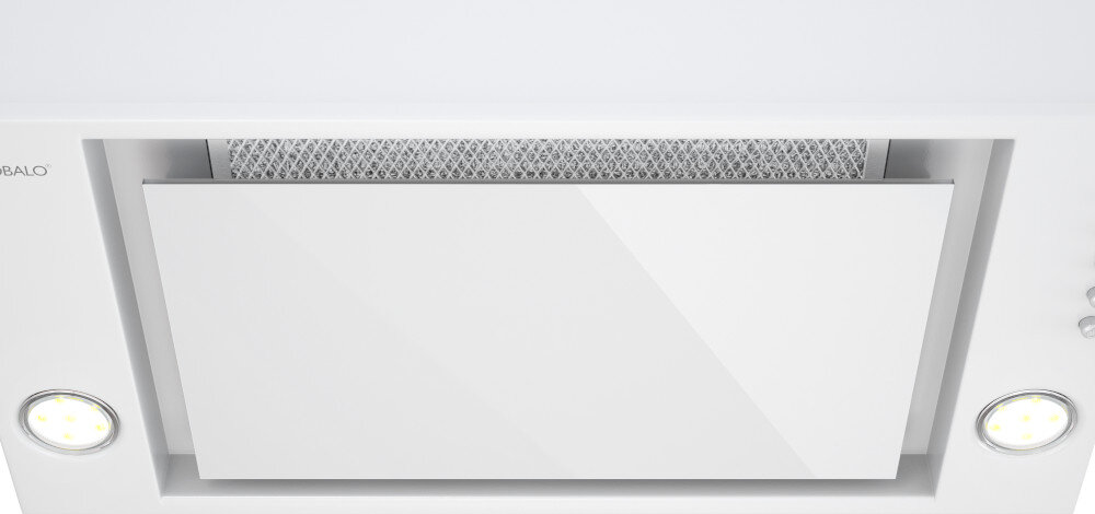 OKAP GLOBALO DESOLERO 60.3 Widok od spodu pokazuje biały okap do zabudowy Globalo z centralnie umieszczoną szklaną szybą oraz dwoma okrągłymi punktami LED po obu stronach, a nad szybą widoczny jest metalowy filtr przeciwtłuszczowy cicha praca 48–66 dB komfort wygoda przygotowywanie posiłków brak hałasu przyjemność użytkowania kuchnia