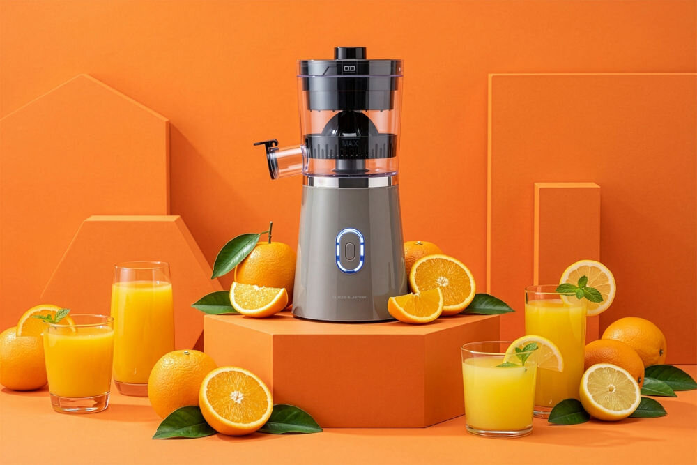 Wyciskarka do cytrusów GÖTZE & JENSEN CJ400T Szara wyciskarka do soków Götze & Jensen zaprezentowana na pomarańczowym tle w otoczeniu całych owoców i szklanek soku z pomarańczy.