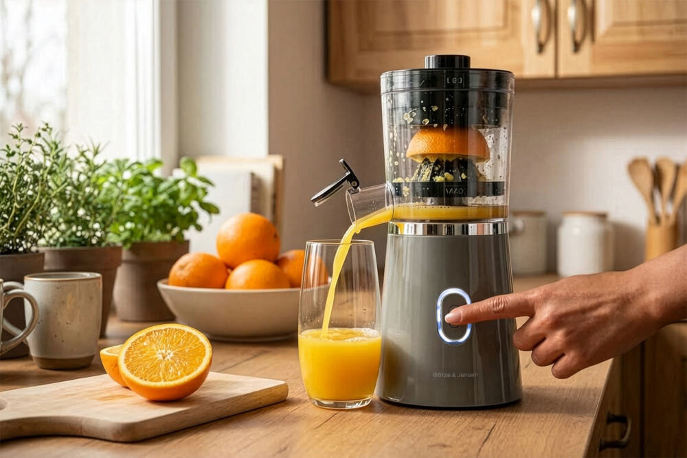 Wyciskarka do cytrusów GÖTZE & JENSEN CJ400T Proces wyciskania soku pomarańczowego za pomocą elektrycznej wyciskarki Götze & Jensen z widocznym podświetlanym przyciskiem sterującym.