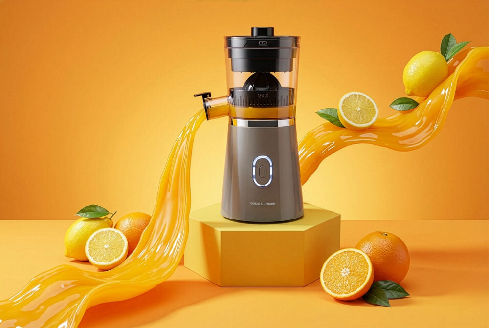 Wyciskarka do cytrusów GÖTZE & JENSEN CJ400T Artystyczne ujęcie wyciskarki Götze & Jensen ze strumieniami soku pomarańczowego i lewitującymi owocami na żółtym tle.