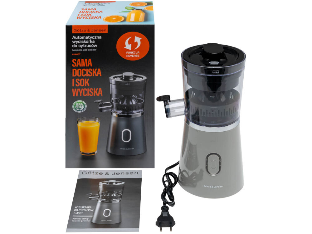 Wyciskarka do cytrusów GÖTZE & JENSEN CJ400T Zestaw sprzedażowy: automatyczna wyciskarka do cytrusów Götze & Jensen CJ400T wraz z oryginalnym opakowaniem i instrukcją obsługi.