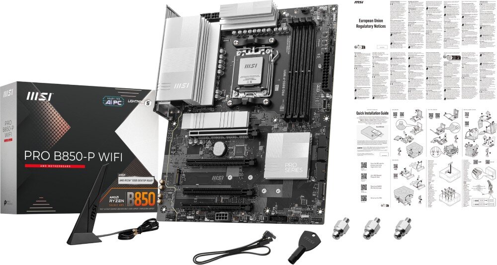 Płyta główna MSI Pro B850-P WiFi zdjęcie płyty wraz z akcesoriami na białym tle