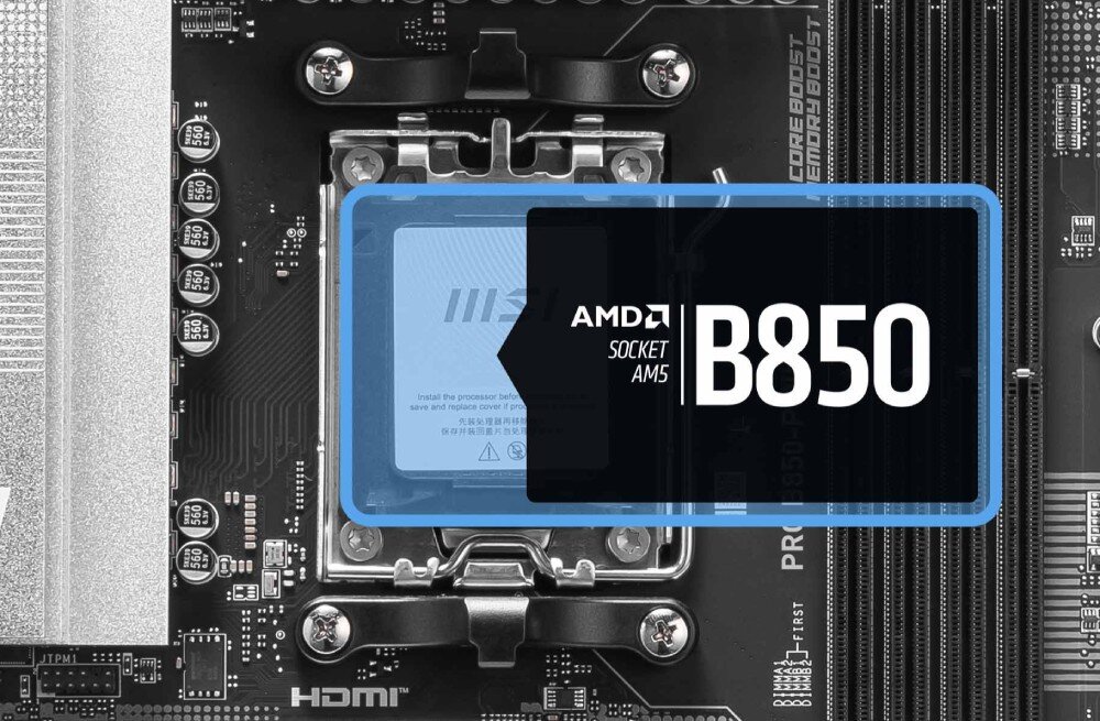 Płyta główna MSI Pro B850-P WiFi Zbliżenie na gniazdo procesora AM5 z chipsetem B850. Nad procesorem wyświetlony jest graficzny napis informujący o obsługiwanej platformie AMD, procesory, kompatybilność, przeznaczenie