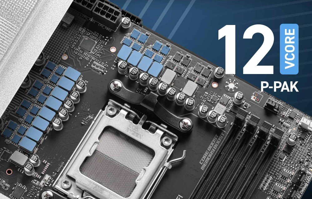 Płyta główna MSI Pro B850-P WiFi Widok sekcji zasilania z 12-fazowym systemem VRM i komponentami P-PAK. Niebieska grafika podkreśla liczbę faz zasilania, co świadczy o wydajności energetycznej, układ zasilania, moc