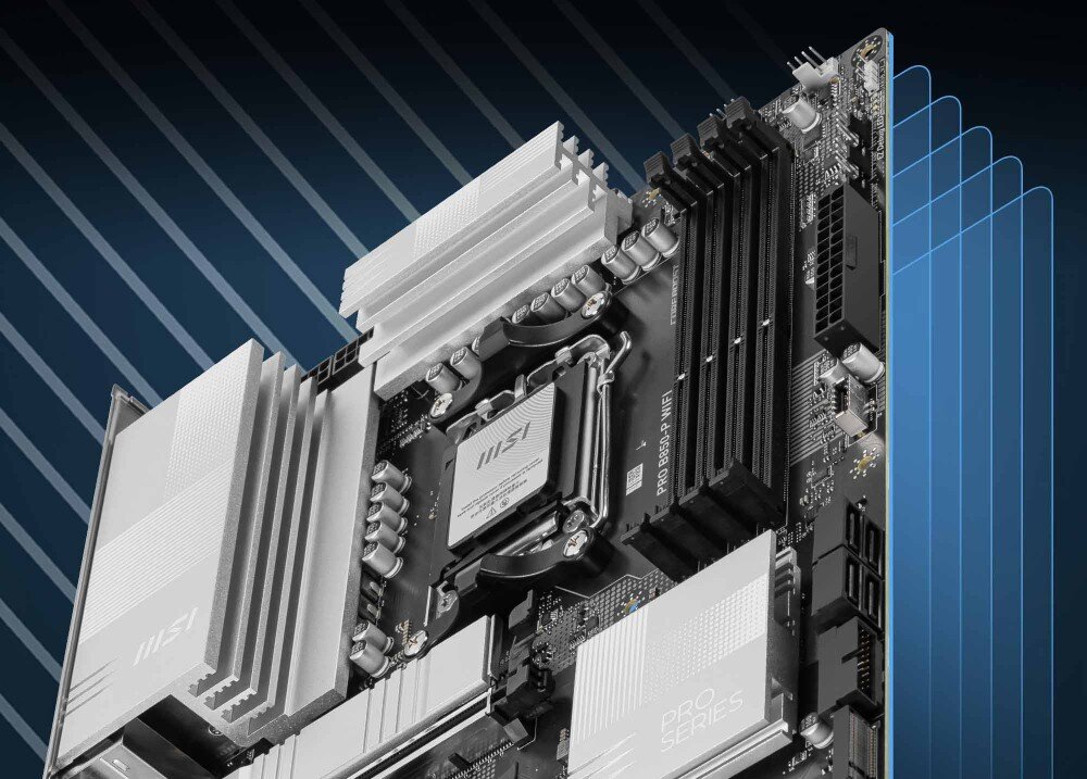 Płyta główna MSI Pro B850-P WiFi widok płyty z zaakcentowanymi radiatorami oraz komponentami odpowiadającymi za efektywne chłodzenie, temperatura, radiatory, termopady