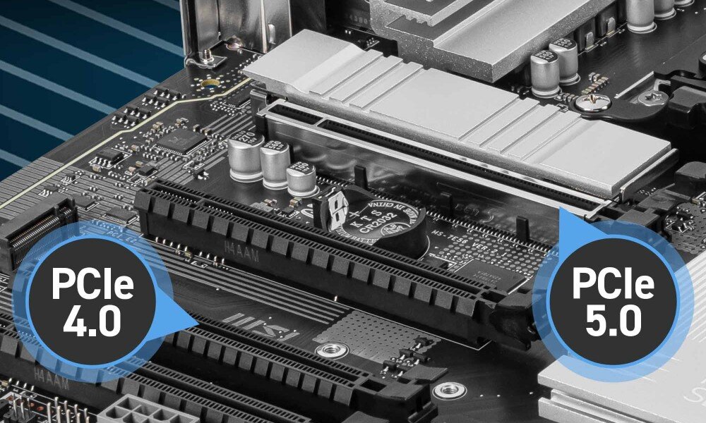Płyta główna MSI Pro B850-P WiFi Zbliżenie na gniazda PCIe 5.0 i PCIe 4.0 do kart rozszerzeń. Czarny laminat płyty kontrastuje z oznaczeniami standardów magistrali, interfejsy, standardy, wzmocnienie Steel Armor