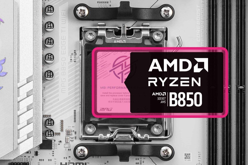 Płyta główna MSI MPG B850 EDGE TI WIFI Zbliżenie na gniazdo procesora z podstawką AMD Socket AM5 i chipsetem B850. Różowe podświetlenie podkreśla kompatybilność z procesorami AMD Ryzen