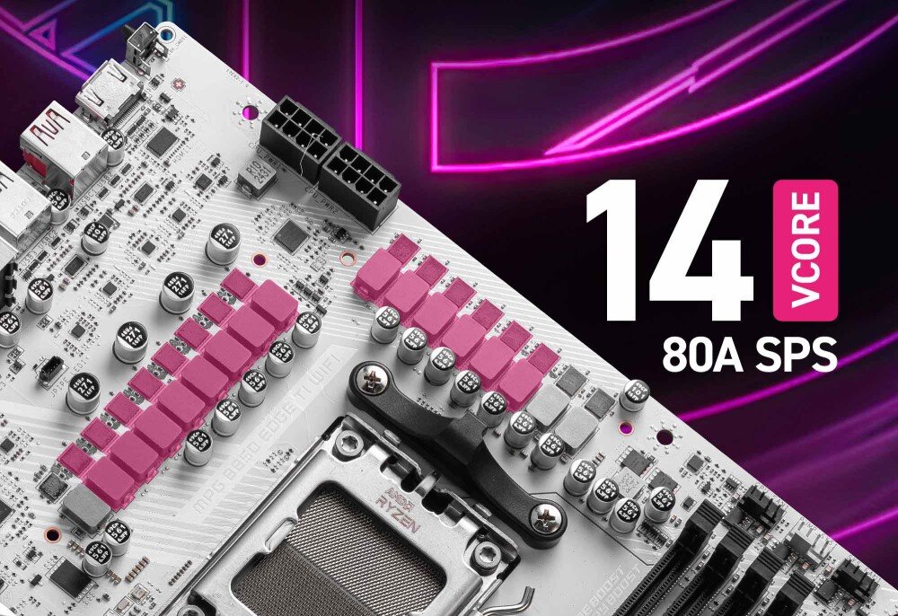 Płyta główna MSI MPG B850 EDGE TI WIFI Widok sekcji zasilania z 14-fazową konstrukcją 80A SPS. Różowe akcenty wyróżniają kluczowe elementy układu zasilania