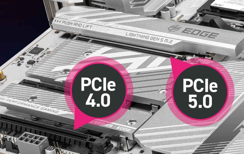 Płyta główna MSI MPG B850 EDGE TI WIFI Widok na gniazda PCIe 4.0 i PCIe 5.0, umożliwiające montaż kart graficznych i innych rozszerzeń. Różowe oznaczenia wskazują kompatybilność ze standardami PCIe