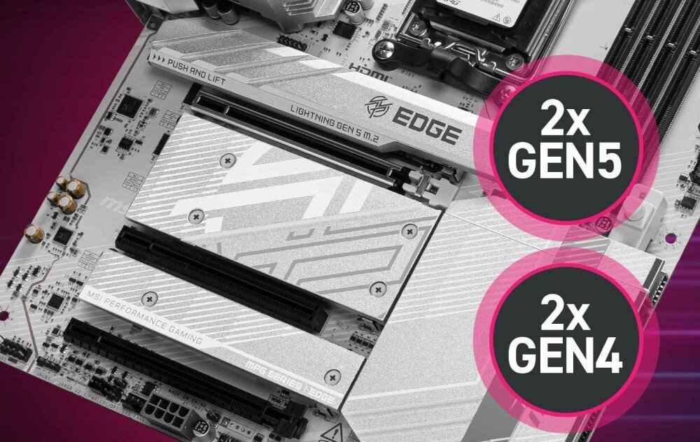 Płyta główna MSI MPG B850 EDGE TI WIFI Złącza M.2 dla nośników SSD z dwoma slotami Gen5 i dwoma Gen4