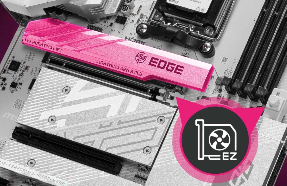Płyta główna MSI MPG B850 EDGE TI WIFI Osłona EZ M.2 Shield Frozr na slocie M.2 Gen5, ułatwiająca montaż dysków SSD i zapewniająca dodatkowe chłodzenie