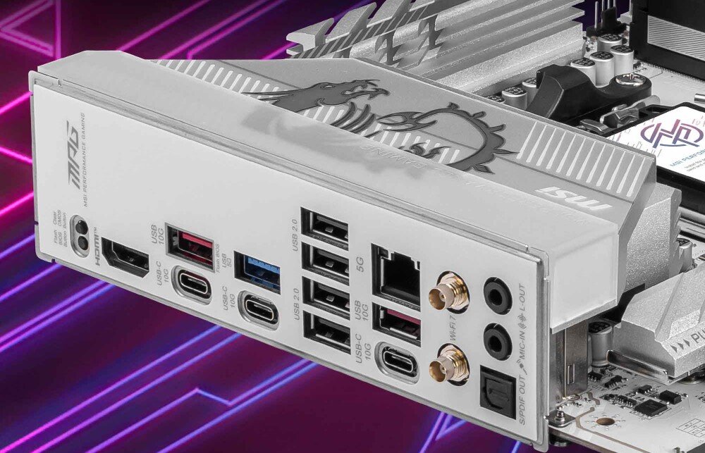 Płyta główna MSI MPG B850 EDGE TI WIFI Tylny panel płyty głównej z zestawem złączy, w tym USB-C, HDMI, 5G LAN oraz antenami Wi-Fi 7