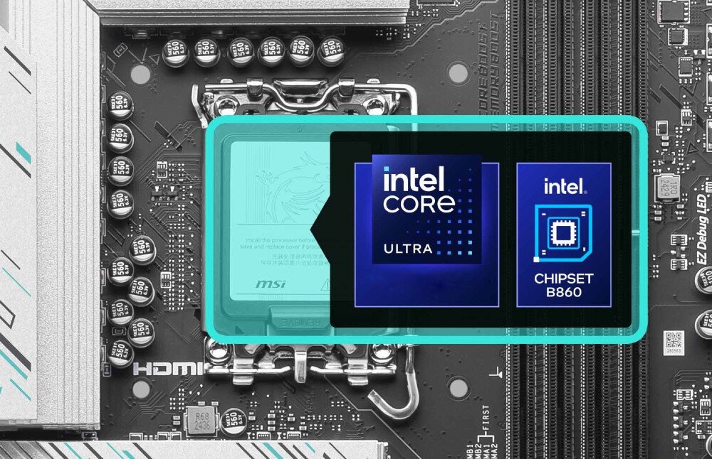 Płyta główna MSI B860 Gaming Plus WiFi Zbliżenie na gniazdo procesora z grafiką przedstawiającą logo Intel Core Ultra i chipset B860, wskazującą na obsługę procesorów Intel Core Ultra Seria 2, kompatybilność, procesory, gniazdo