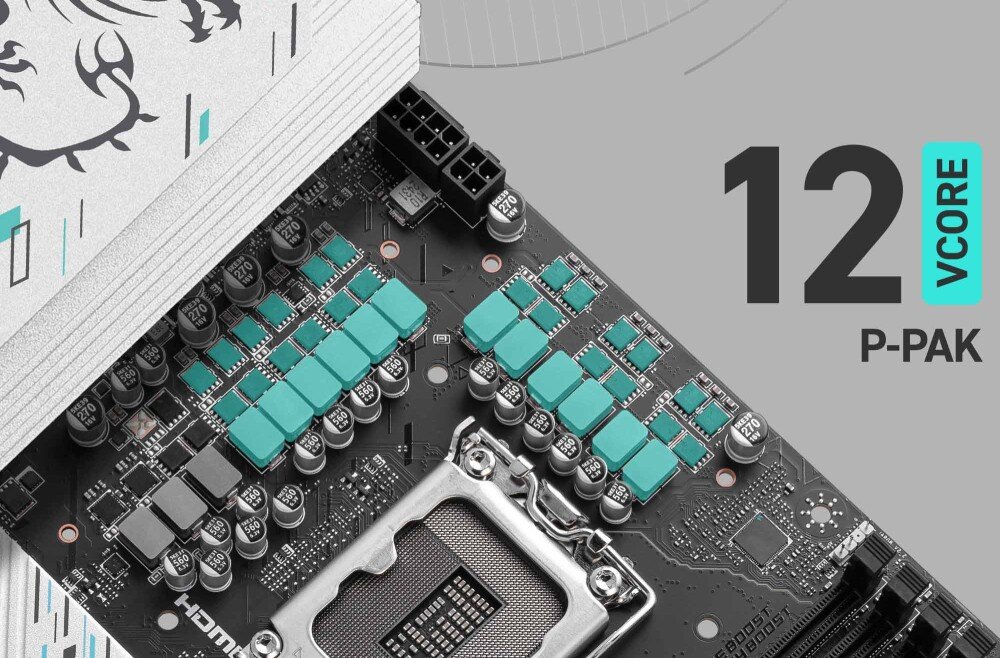 Płyta główna MSI B860 Gaming Plus WiFi Sekcja zasilania z 12-fazowym układem i tranzystorami P-PAK, co podkreśla solidne komponenty użyte do stabilnego dostarczania mocy procesorowi, układ zasilania, złącza