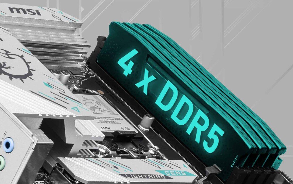 Płyta główna MSI B860 Gaming Plus WiFi Cztery sloty pamięci RAM DDR5, przygotowane do obsługi modułów o wysokim taktowaniu, z podkreślonym brandingiem Lightning Gen5, pamięć, profile XMP, taktowanie, podkręcenie