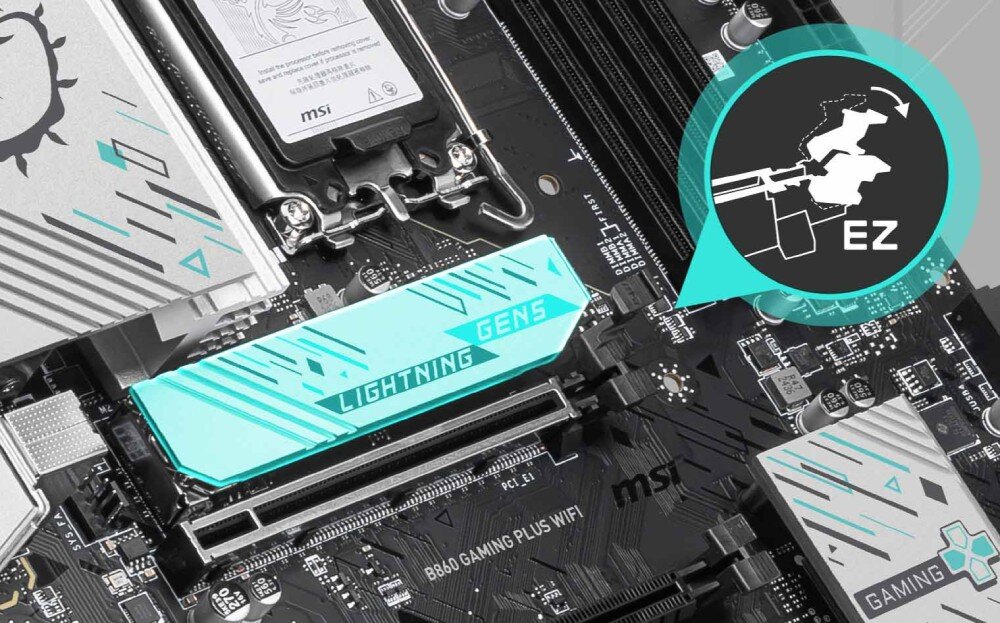 Płyta główna MSI B860 Gaming Plus WiFi Miejsce na dyski M.2 z systemem chłodzenia EZ M.2 Shield Frozr II, zabezpieczającym szybkie nośniki SSD przed przegrzewaniem, montaż, ułatwienia, antena