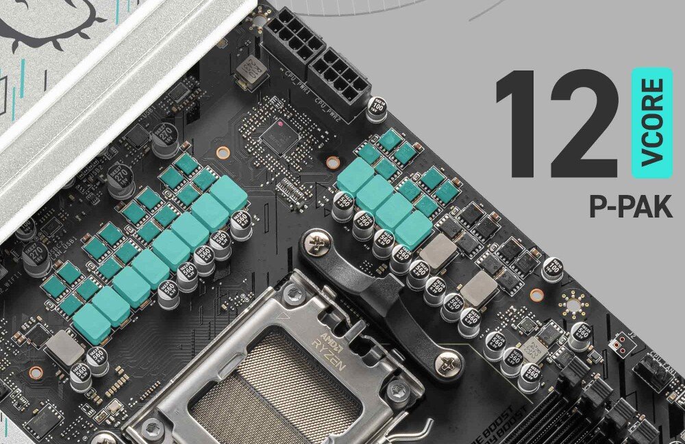 Płyta główna MSI B850 Gaming Plus WiFi Widok na sekcję zasilania z zaznaczonym 12-fazowym systemem VRM P-PAK. Podświetlone komponenty elektryczne i układ chłodzenia zapewniający stabilność działania, układ zasilania, podkręcenie