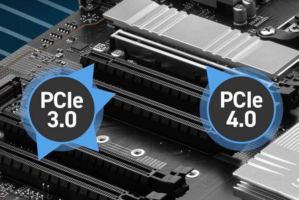 Płyta główna MSI Pro B840-P WiFi Zbliżenie na dwa gniazda PCIe na płycie głównej, z oznaczeniami PCIe 4.0 oraz PCIe 3.0, interfejsy, wzmocnione złącza