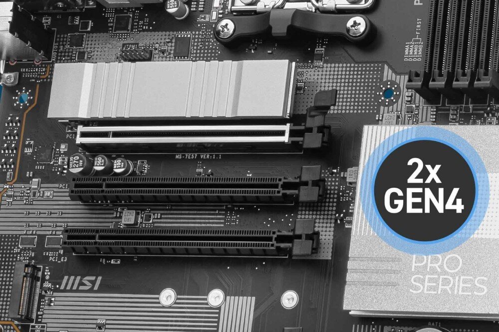 Płyta główna MSI Pro B840-P WiFi Zbliżenie na sloty M.2, z oznaczeniem „2x Gen4”, informującym o obsłudze nośników NVMe w standardzie PCIe Gen4, dyski, przepustowość