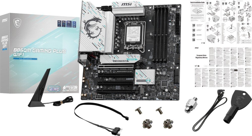 Płyta główna MSI B860M GAMING PLUS WIFI Zdjęcie płyty wraz z akcesoriami na białym tle