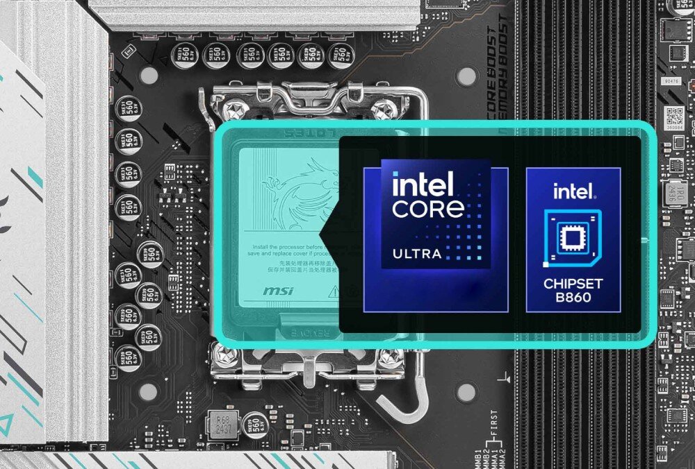 Płyta główna MSI B860M GAMING PLUS WIFI Zbliżenie na gniazdo procesora z chipsetem Intel B860. Nałożona grafika przedstawia logo Intel Core Ultra oraz chipsetu, podkreślając kompatybilność płyty z procesorami Intel, procesory, kompatybilność, przeznaczenie