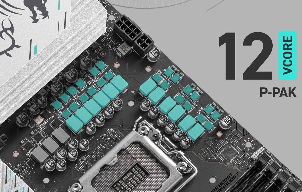 Płyta główna MSI B860M GAMING PLUS WIFI Sekcja zasilania płyty głównej z widocznymi komponentami VRM. Podświetlony napis informuje o 12-fazowym systemie zasilania P-PAK, co wskazuje na stabilność dostarczanej energii, zasilanie, moc, technologie, podkręcenie