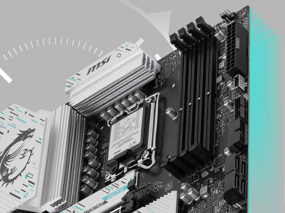 Płyta główna MSI B860M GAMING PLUS WIFI Widok na radiatory chłodzące sekcję zasilania oraz gniazdo procesora. Ukazano solidną konstrukcję chłodzenia, podkreślając jego wpływ na efektywne zarządzanie temperaturą, chłodzenie, radiatory, temperatura, termopady