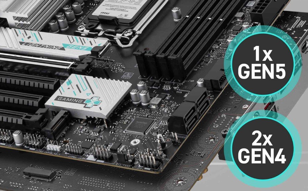 Płyta główna MSI B860M GAMING PLUS WIFI Sekcja dysków M.2 z trzema slotami, w tym jednym Gen5 i dwoma Gen4. Podkreślono różne prędkości transferu, zwiększające elastyczność konfiguracji pamięci masowej, dyski SSD M.2, przepustowość