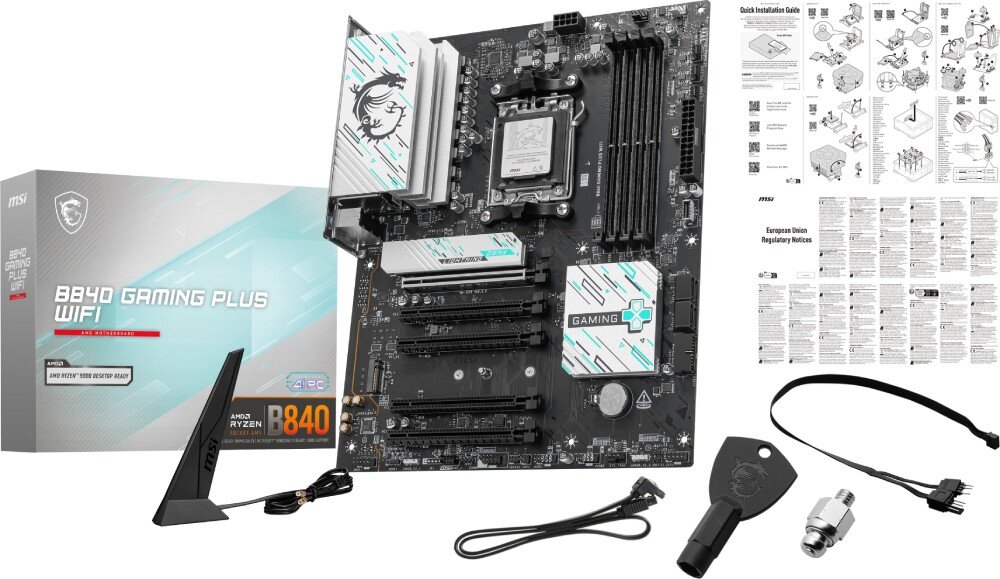 Płyta główna MSI B840 GAMING PLUS WIFI Zdjęcie płyty wraz z akcesoriami na białym tle