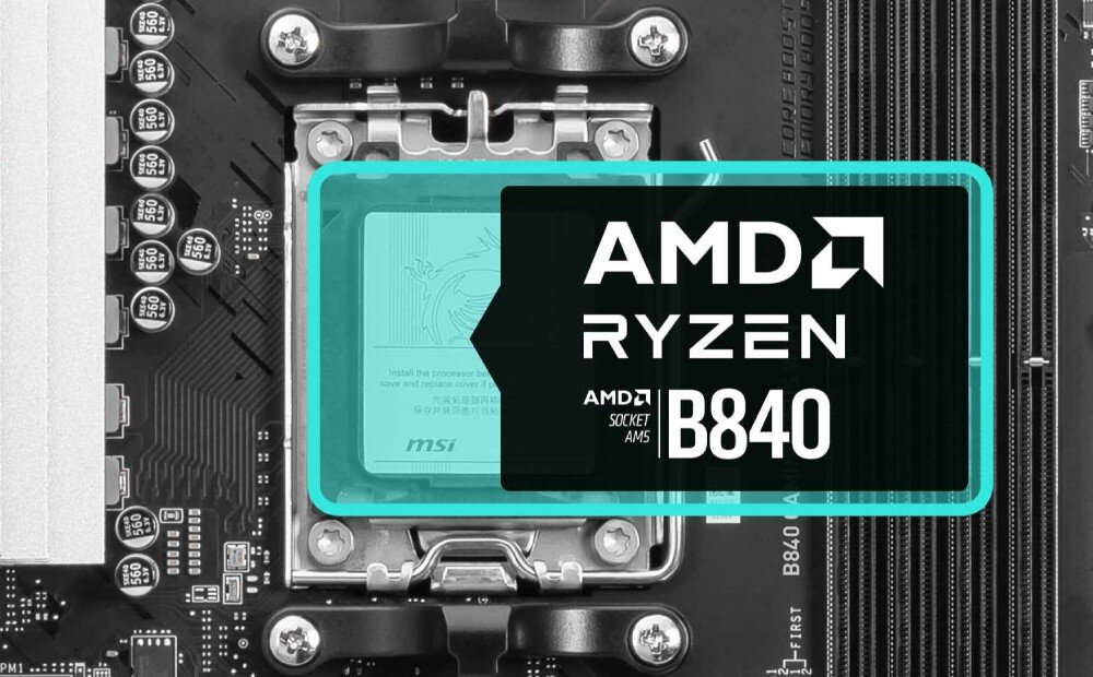 Płyta główna MSI B840 GAMING PLUS WIFI Zbliżenie na gniazdo procesora AM5 z chipsetem B840. Grafika dodana do zdjęcia podkreśla kompatybilność z procesorami AMD Ryzen, procesory, kompatybilność, przeznaczenie