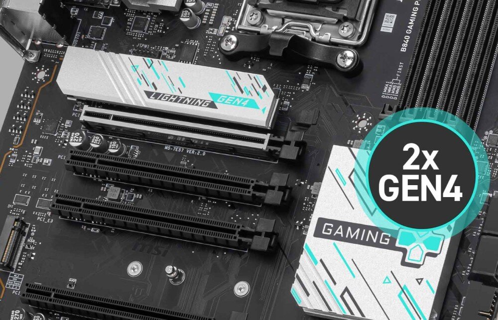 Płyta główna MSI B840 GAMING PLUS WIFI Widok na dwa sloty M.2 PCIe Gen4, jeden z nich wyposażony w osłonę termiczną MSI Lightning Gen4, złącza M.2, dyski, przepustowość