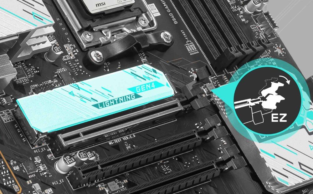 Płyta główna MSI B840 GAMING PLUS WIFI Zbliżenie na system EZ M.2 Shield Frozr, który ułatwia montaż dysków SSD M.2. Grafika wskazuje na mechanizm zatrzaskowy do łatwego mocowania, montaż, ułatwienia, antena Wi-Fi