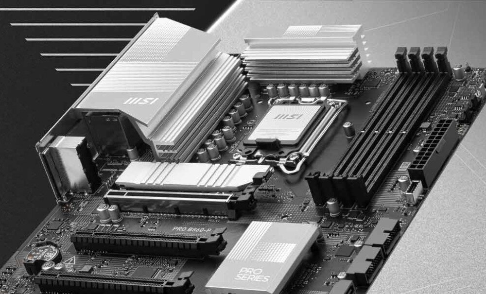 Płyta główna MSI Pro B860-P Płyta z wyeksponowanym srebrnym radiatorem i gniazdem procesora. Widoczne są cztery sloty pamięci RAM, gniazda PCIe oraz złącza SATA, opis