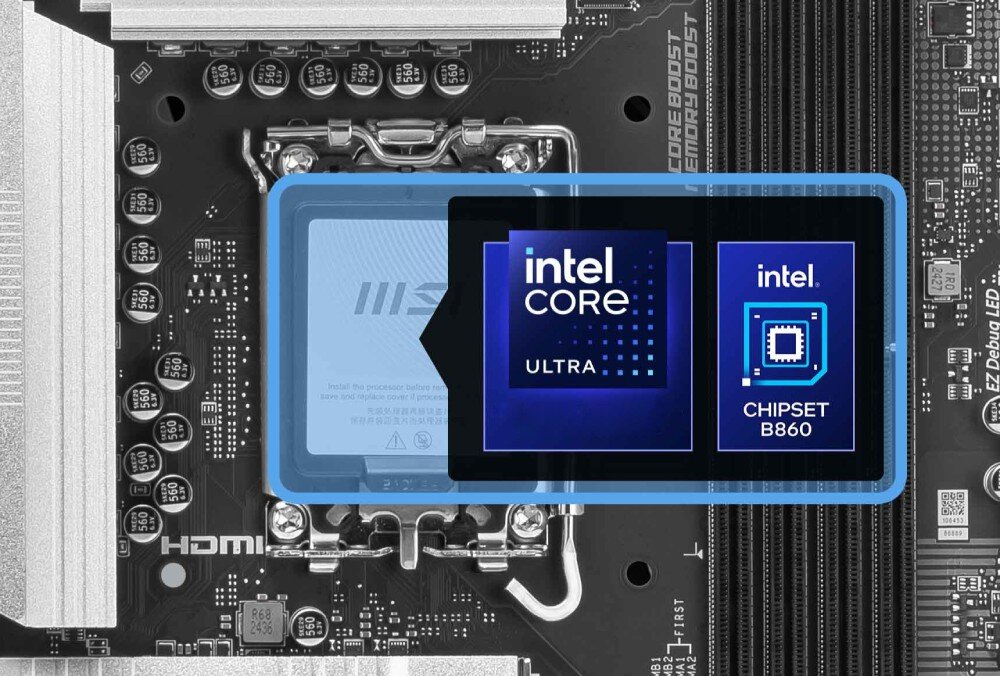 Płyta główna MSI Pro B860-P Zbliżenie na gniazdo procesora płyty głównej z graficznym oznaczeniem kompatybilności z procesorami Intel Core Ultra oraz chipsetem Intel B860, procesory, kompatybilność, gniazdo