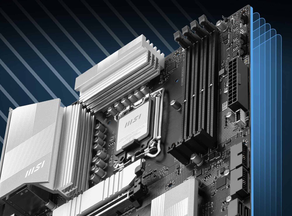 Płyta główna MSI Pro B860-P Perspektywiczne ujęcie płyty głównej ukazujące rozmieszczenie radiatorów, slotów pamięci RAM oraz sekcji zasilania, temperatura, chłodzenie, termopady, osłony EZ M.2