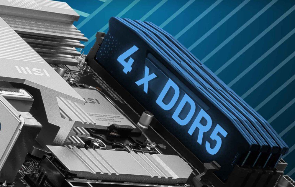 Płyta główna MSI Pro B860-P Zbliżenie na banki pamięci RAM z podświetlonym napisem „4 x DDR5”, wskazującym na obsługę standardu pamięci operacyjnej, pamięć, moduły, taktowanie, profile XMP
