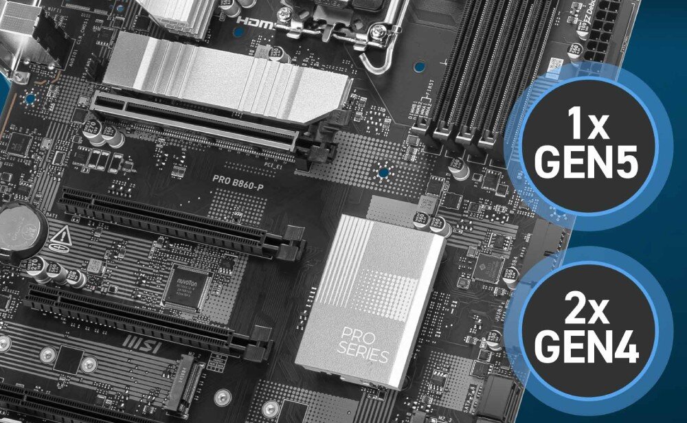 Płyta główna MSI Pro B860-P Fragment sekcji M.2 na płycie z zaznaczonymi trzema gniazdami – jedno w standardzie Gen5 i dwa Gen4. Widoczna osłona termiczna oraz oznaczenia interfejsów, dyski SSD, złącza, standardy