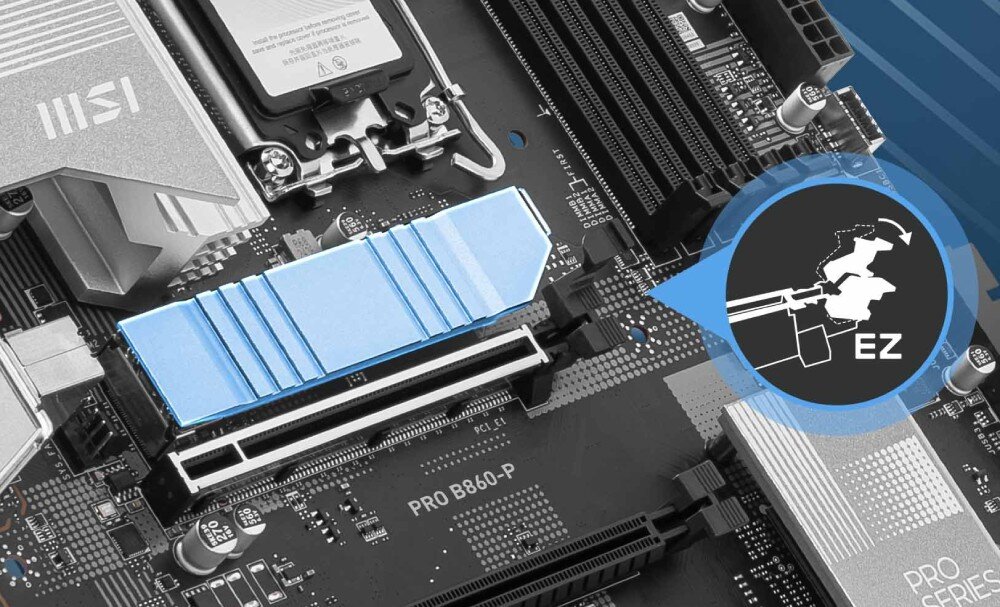 Płyta główna MSI Pro B860-P Ujęcie slotu M.2 z osłoną chłodzącą EZ M.2 Shield Frozr. Obok ikona symbolizująca łatwy montaż dysków SSD bez użycia narzędzi, montaż, ułatwienia